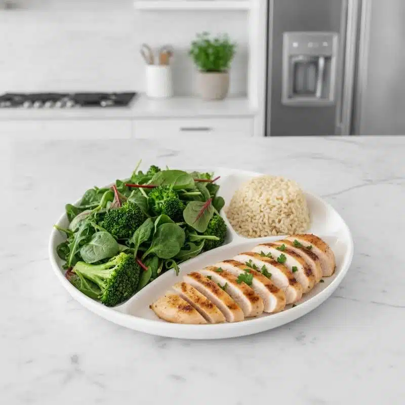 Healthy plate diagram showing half non-starchy vegetables, one quarter lean protein, and one quarter complex carbohydrates Healthy plate diagram showing half non-starchy vegetables, one quarter lean protein, and one quarter complex carbohydrates