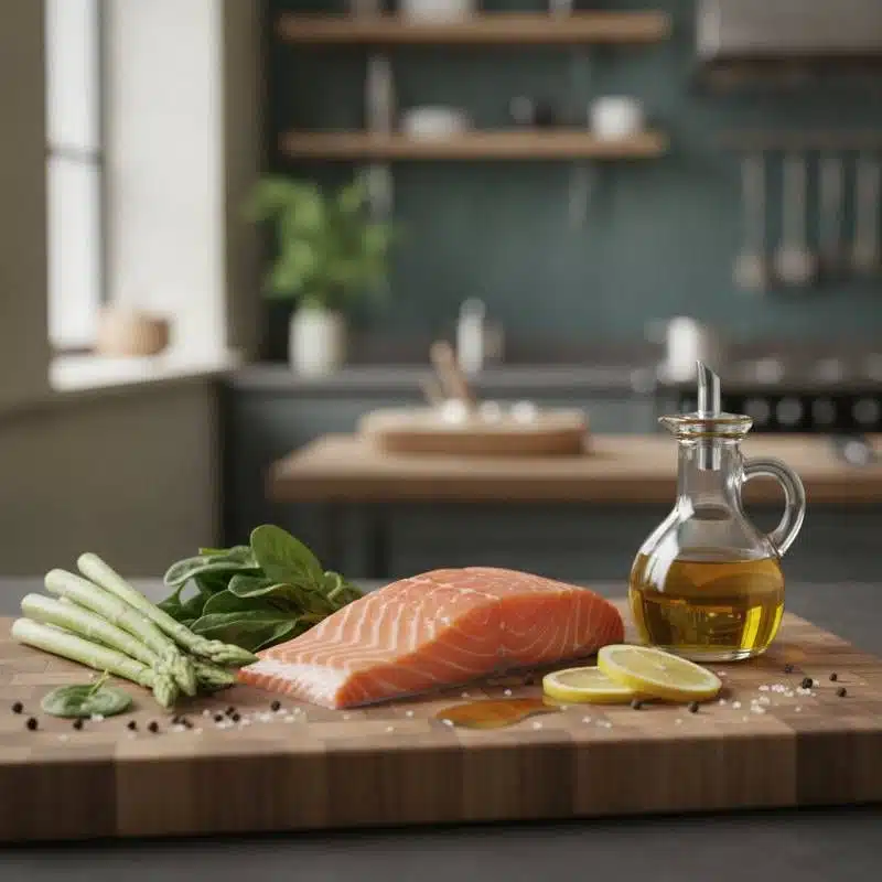 Fresh non-starchy vegetables and lean proteins on a wooden kitchen counter Fresh non-starchy vegetables and lean proteins on a wooden kitchen counter