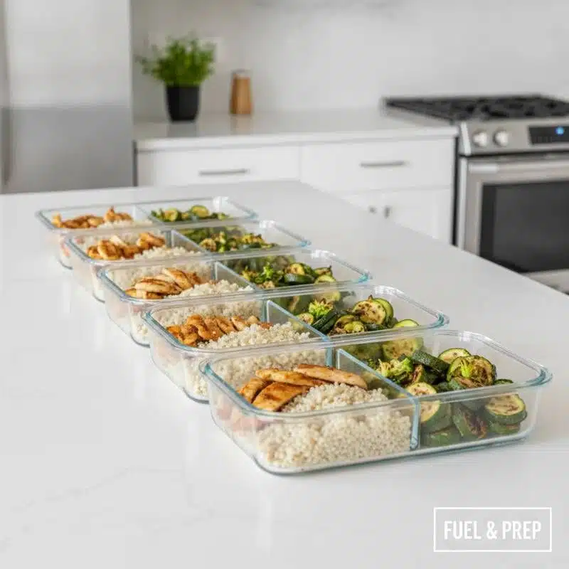 Glass meal prep containers filled with healthy diabetic-friendly food for the week Glass meal prep containers filled with healthy diabetic-friendly food for the week