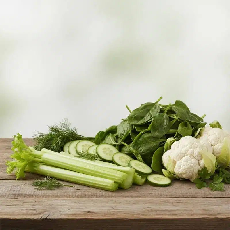 A selection of non-starchy vegetables like celery, cucumber, spinach, and cauliflower A selection of non-starchy vegetables like celery, cucumber, spinach, and cauliflower