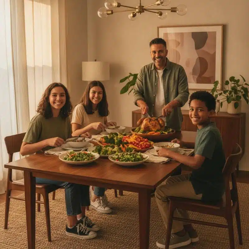 A happy family sitting around a dinner table enjoying a healthy meal A happy family sitting around a dinner table enjoying a healthy meal