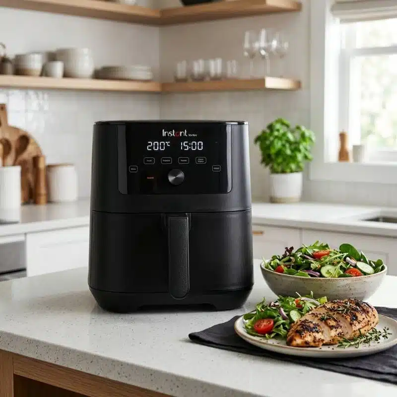 A clean kitchen counter with a modern black air fryer next to a bowl of fresh green salad and grilled chicken breast A clean kitchen counter with a modern black air fryer next to a bowl of fresh green salad and grilled chicken breast