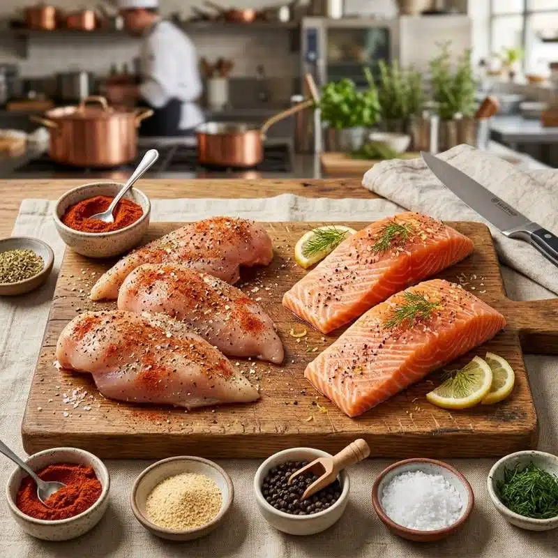 Raw seasoned chicken breasts and salmon fillets arranged on a wooden cutting board next to spices Raw seasoned chicken breasts and salmon fillets arranged on a wooden cutting board next to spices