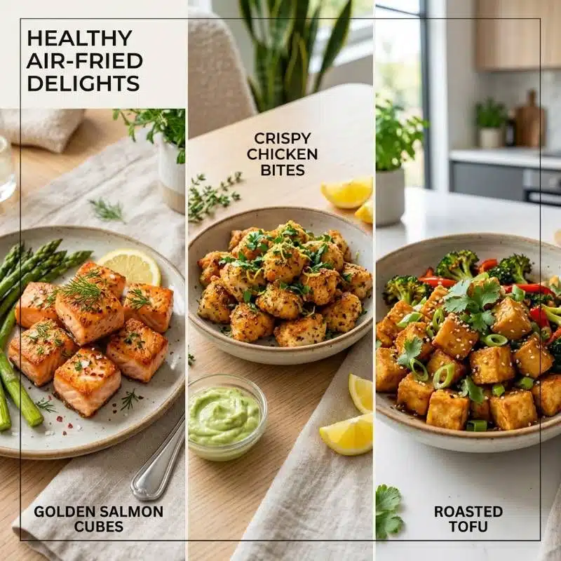 A collage of healthy air fryer dishes including chicken bites, salmon, and tofu A collage of healthy air fryer dishes including chicken bites, salmon, and tofu