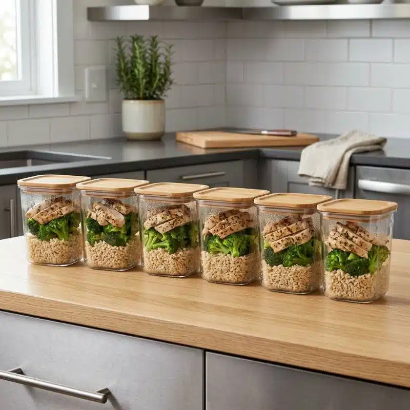 Glass meal prep containers filled with cooked chicken, broccoli, and brown rice Glass meal prep containers filled with cooked chicken, broccoli, and brown rice