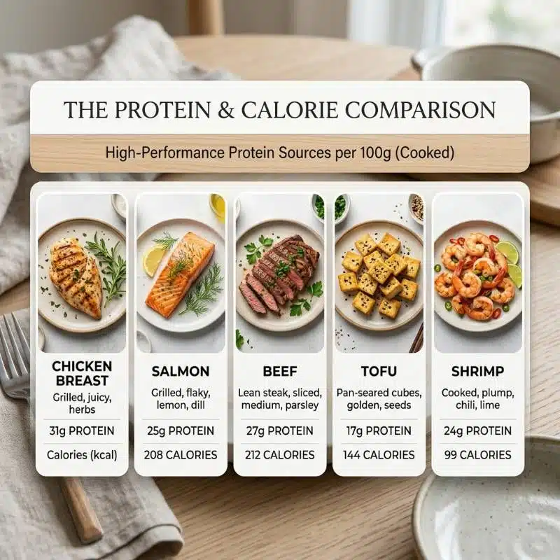 A clean comparison chart showing protein and calorie values of different meats A clean comparison chart showing protein and calorie values of different meats