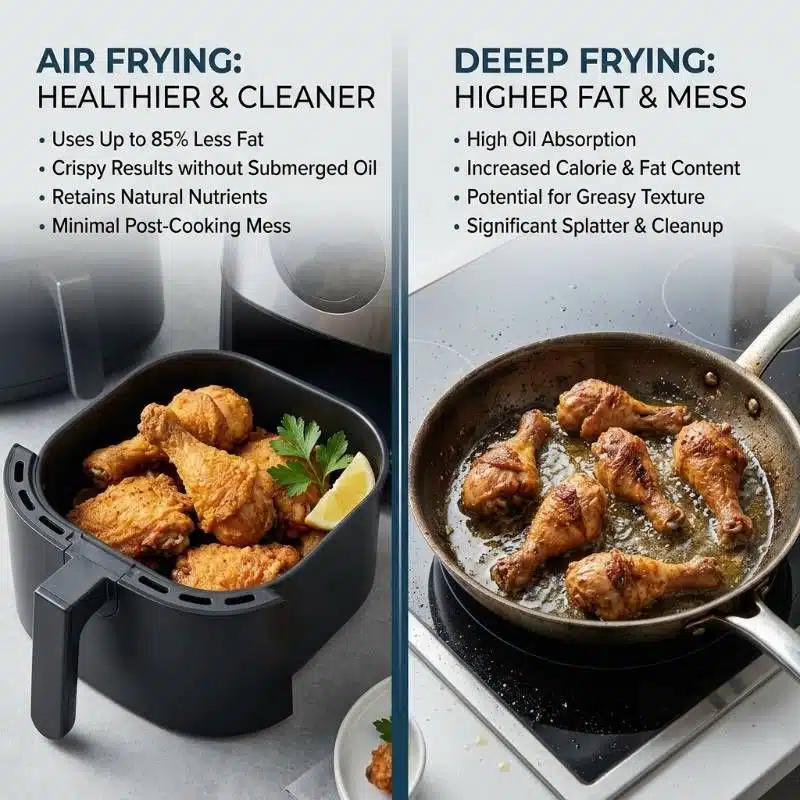 A side-by-side comparison of a clean air fryer basket and a dirty frying pan with oil splashes A side-by-side comparison of a clean air fryer basket and a dirty frying pan with oil splashes