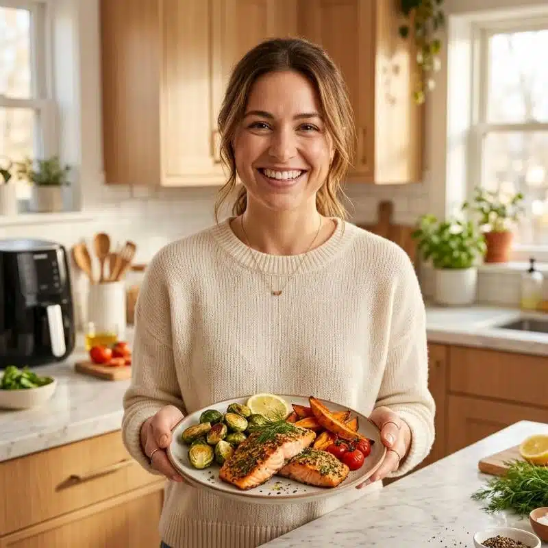 A happy person smiling in a bright kitchen holding a plate of healthy air-fried food A happy person smiling in a bright kitchen holding a plate of healthy air-fried food