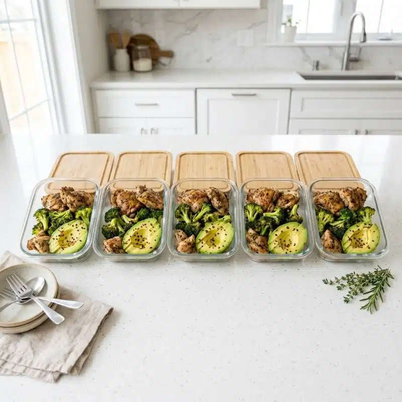 Glass meal prep containers with healthy low carb food on a kitchen counter