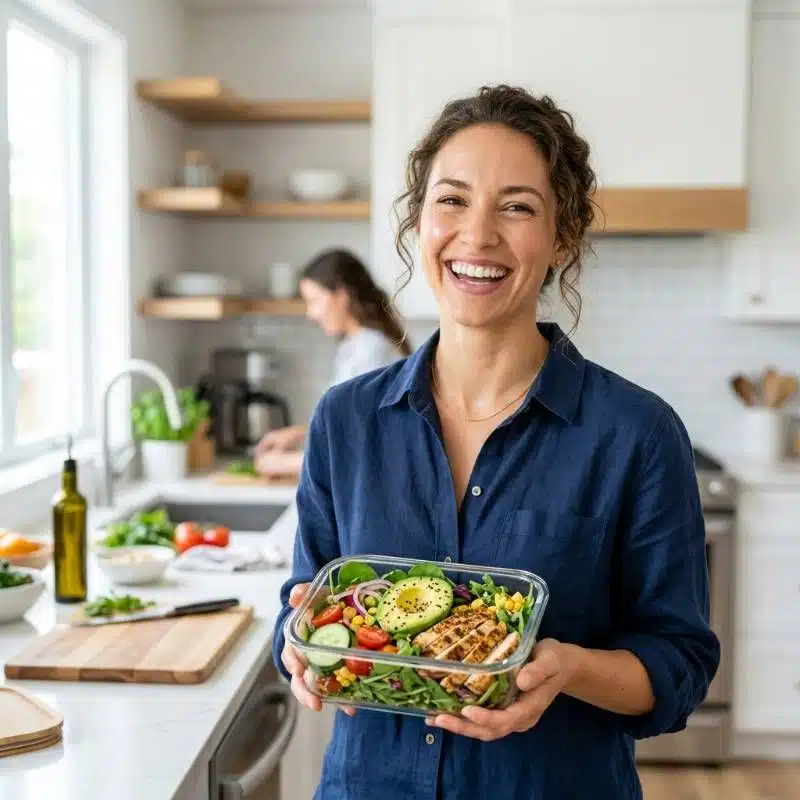 A happy person holding a prepped glass container with a healthy keto meal A happy person holding a prepped glass container with a healthy keto meal