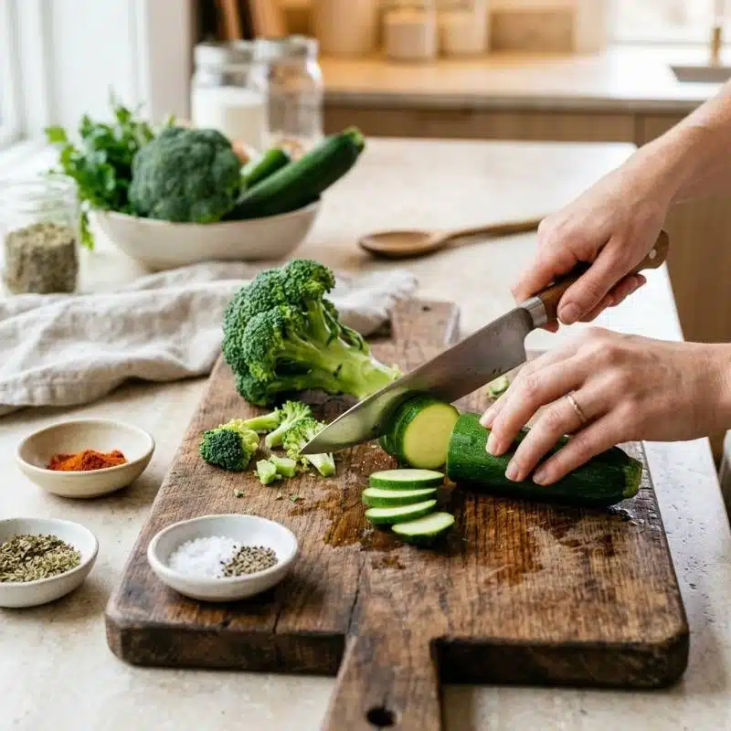A person chopping fresh vegetables on a wooden cutting board in a clean kitchen A person chopping fresh vegetables on a wooden cutting board in a clean kitchen