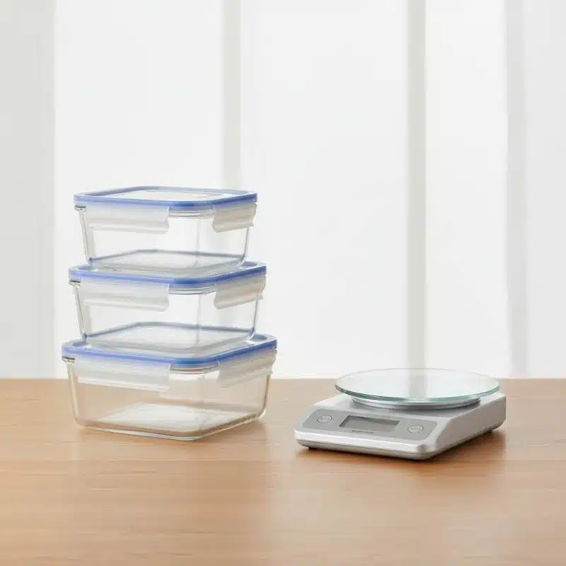 High quality glass meal prep containers stacked on a wooden table High quality glass meal prep containers stacked on a wooden table
