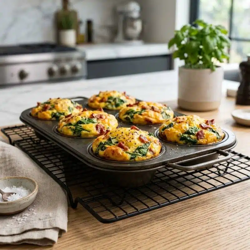 Golden brown baked egg muffins in a metal tin Golden brown baked egg muffins in a metal tin