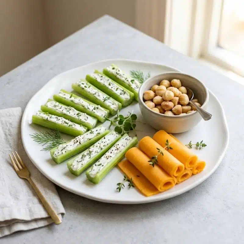 A plate of keto friendly snacks like celery sticks with cream cheese and macadamia nuts A plate of keto friendly snacks like celery sticks with cream cheese and macadamia nuts