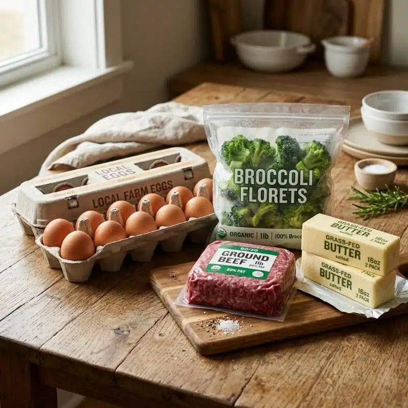 Budget friendly keto grocery items on a wooden table Budget friendly keto grocery items on a wooden table