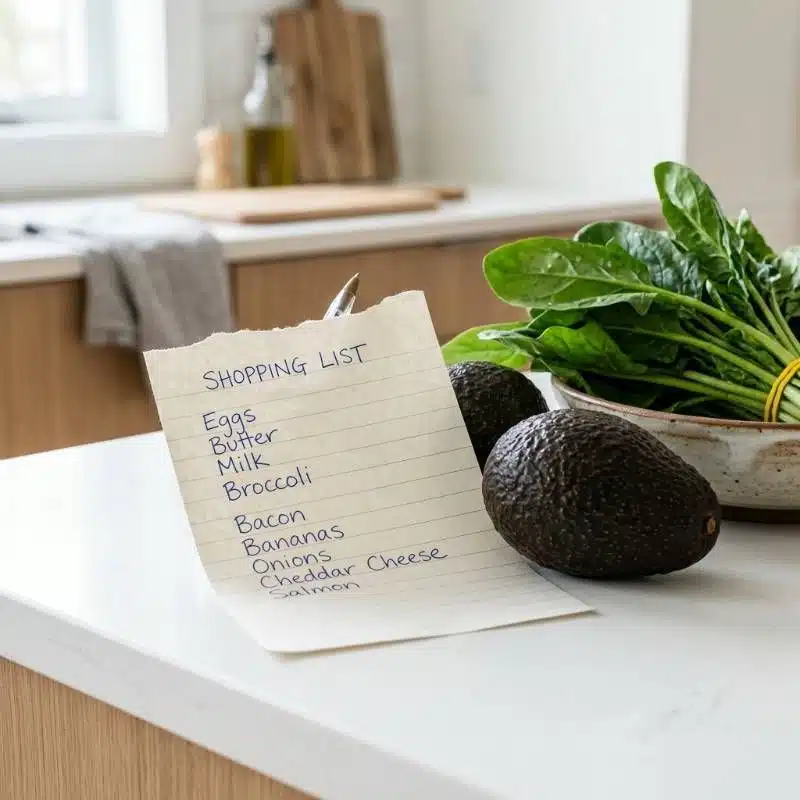 A handwritten keto grocery list next to fresh produce on a kitchen counter A handwritten keto grocery list next to fresh produce on a kitchen counter