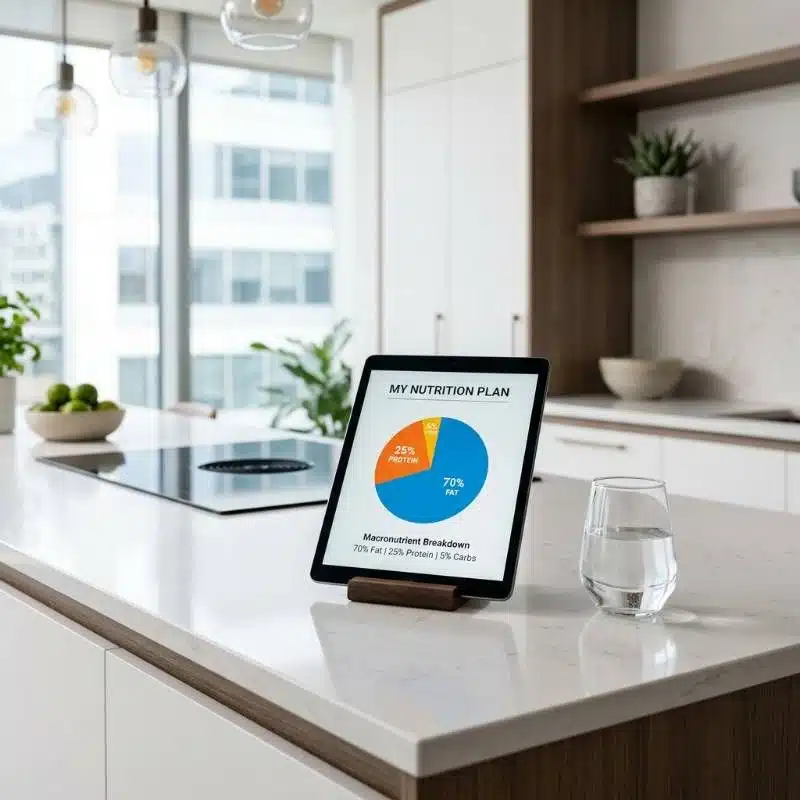 A digital tablet showing a pie chart of keto macronutrients A digital tablet showing a pie chart of keto macronutrients