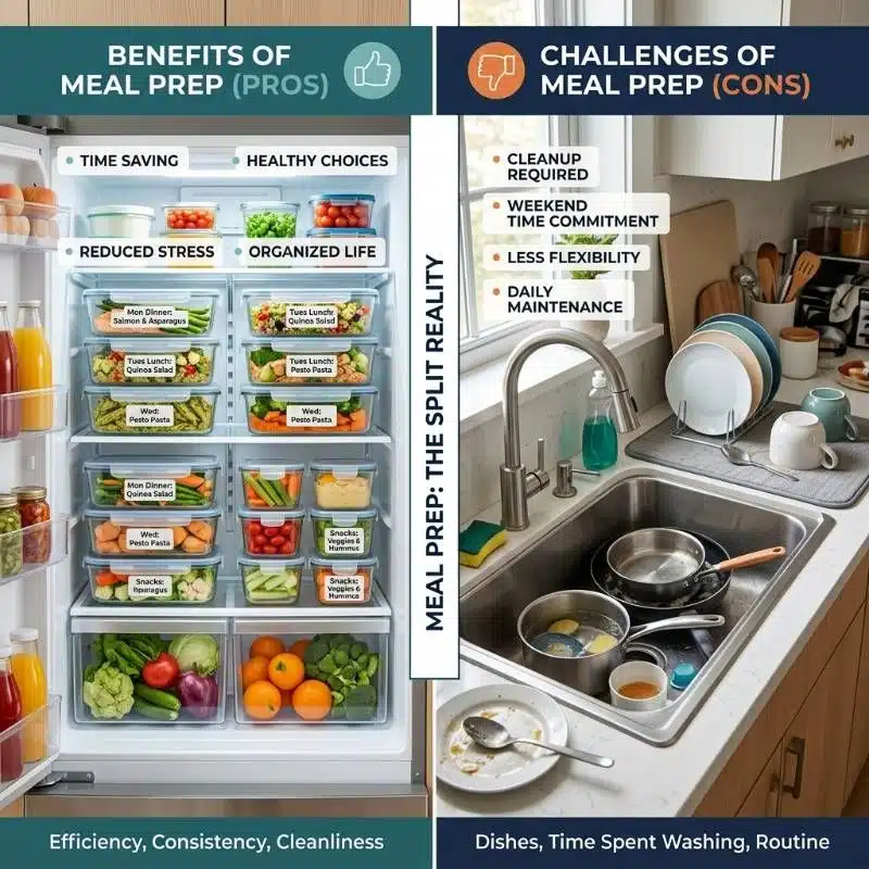 A split graphic showing the pros and cons of keto meal prep A split graphic showing the pros and cons of keto meal prep